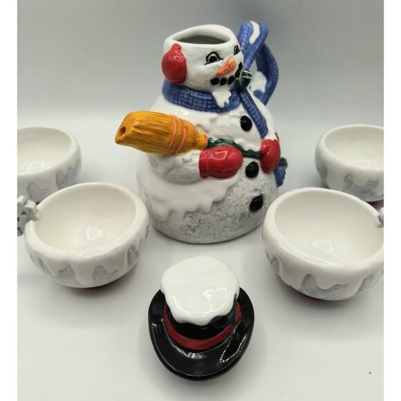 Department 56 Snowman Ceramic Teapot & 4 Snowflake Cups Holiday Set - Picture 3 of 7